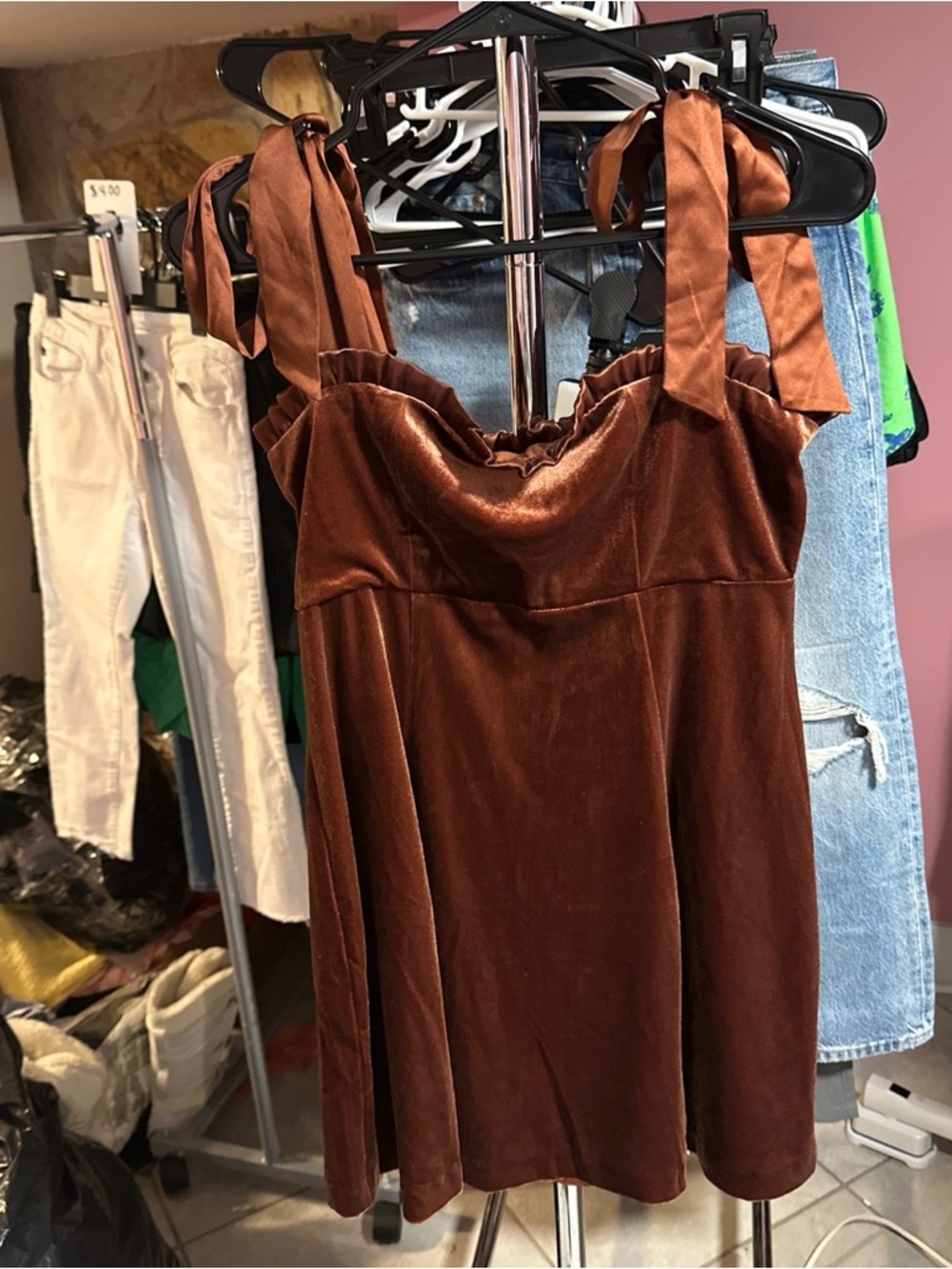 DANIELLE BERNSTEIN Rust Brown Velvet Mini Dress with Tie Straps